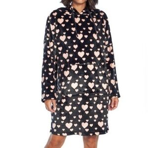 Wildfox Pink Heart Plush Fleece Lounger Black Robe Novelty Print Size L/XL Cozy